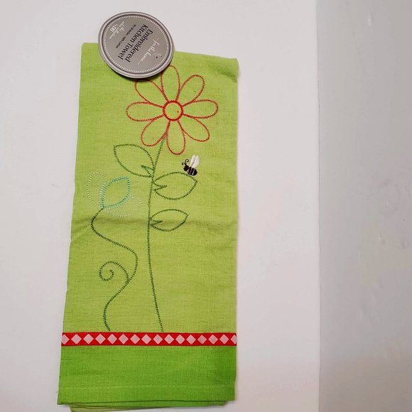 DII Design Imports Kitchen Towel, Embroidered Bumble Bee Flower Green Cotton NEW - Picture 1 of 5